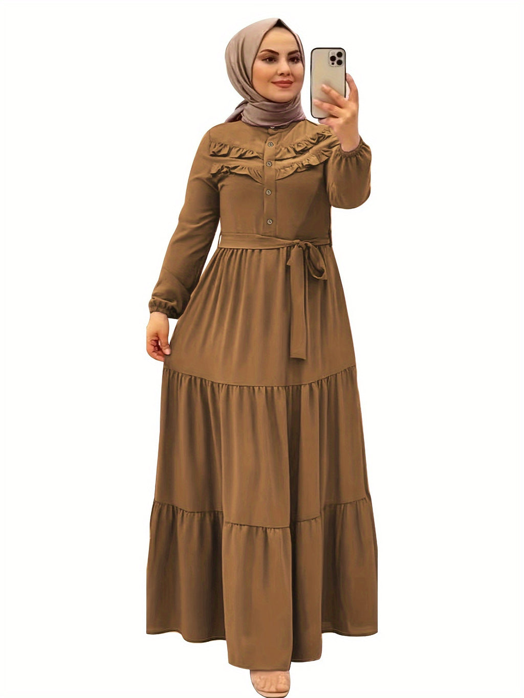 Elegant Light Green Maxi Dress for Muslim Women - Casual Solid Color with Ruffle Hem & Button Detail, Polyester Blend, Machine Washable - Hijab Not Included