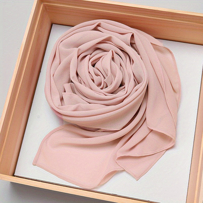 Large Rectangular Solid Color Chiffon Hijab Scarf with Elastic Band - Breathable & Lightweight, Perfect for Ramadan & Muslim Festivals, Easy to Wear as a Shawl or Wrap