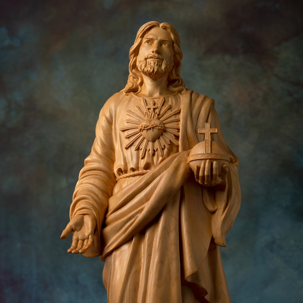 1pc Hand Carved Boxwood Jesus Sacred Heart Statue, Indoor Home Living Room Bedroom Decoration, Christian Gift Art Statue