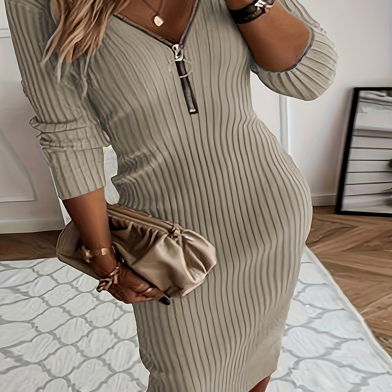 Plus Size - Plus Size - Plus Size, Women'S Plus Size Elegant V-Neck Long Sleeve Dress - Fitted Stretchy Solid Color with Zipper Back, Machine Washable Fall Winter Casual to Formal Wear, Long Sleeve Dresses For Women, Plus Siz