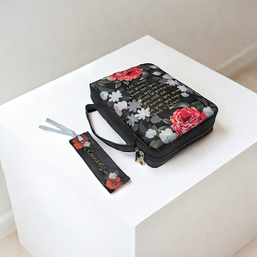 Floral Polyester Bible Cover with Handle, Carrying Organizer Bag, Christian Study Bible Case with Pockets and Bookmark - Protective Scripture Tote for Girls and Women