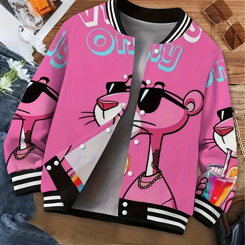 Women'S & Men'S Oversized Pink Panther Print Baseball Jacket - Bold Cartoon Graphic College Style Coat with Pockets, Warm Fall Winter Casual Outerwear for Halloween Parties & Daily Wear, Unisex Outerwear for Themed Ev