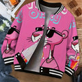 Women'S & Men'S Oversized Pink Panther Print Baseball Jacket - Bold Cartoon Graphic College Style Coat with Pockets, Warm Fall Winter Casual Outerwear for Halloween Parties & Daily Wear, Unisex Outerwear for Themed Ev