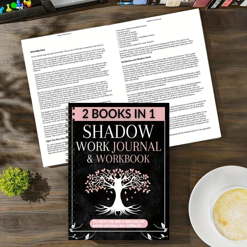 2 Books in 1: Shadow Work Journal & Guide for Beginners - Spiral Bound Undated Psychological Shadow Work Notebook with Dark Tree & Pink Blossoms Design, Self-Help Exercises to Integrate & Transcend Shadows, Daily Reflections