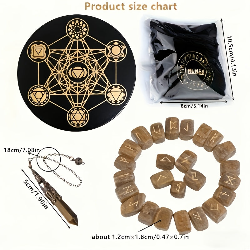 A Nordic Rune Set Featuring Crystal Rune Stones, Including 25 Rune Stones, a Pendant, And a Carved Wooden Board. Elegant And Exquisite