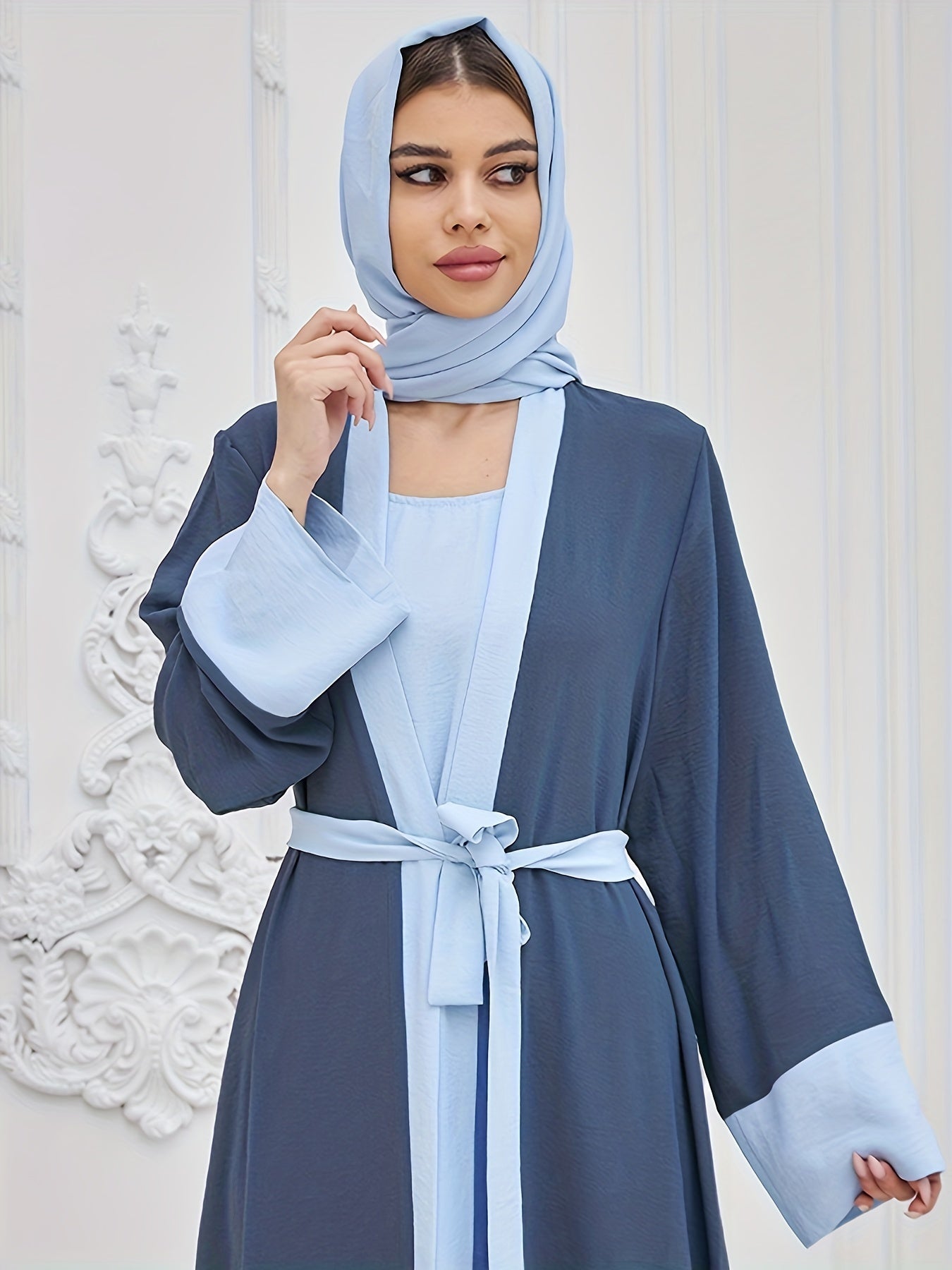 Two-piece Traditional Clothing Muslim Women's Long Loose Elegant Dress Robe Vest with Headscarf
