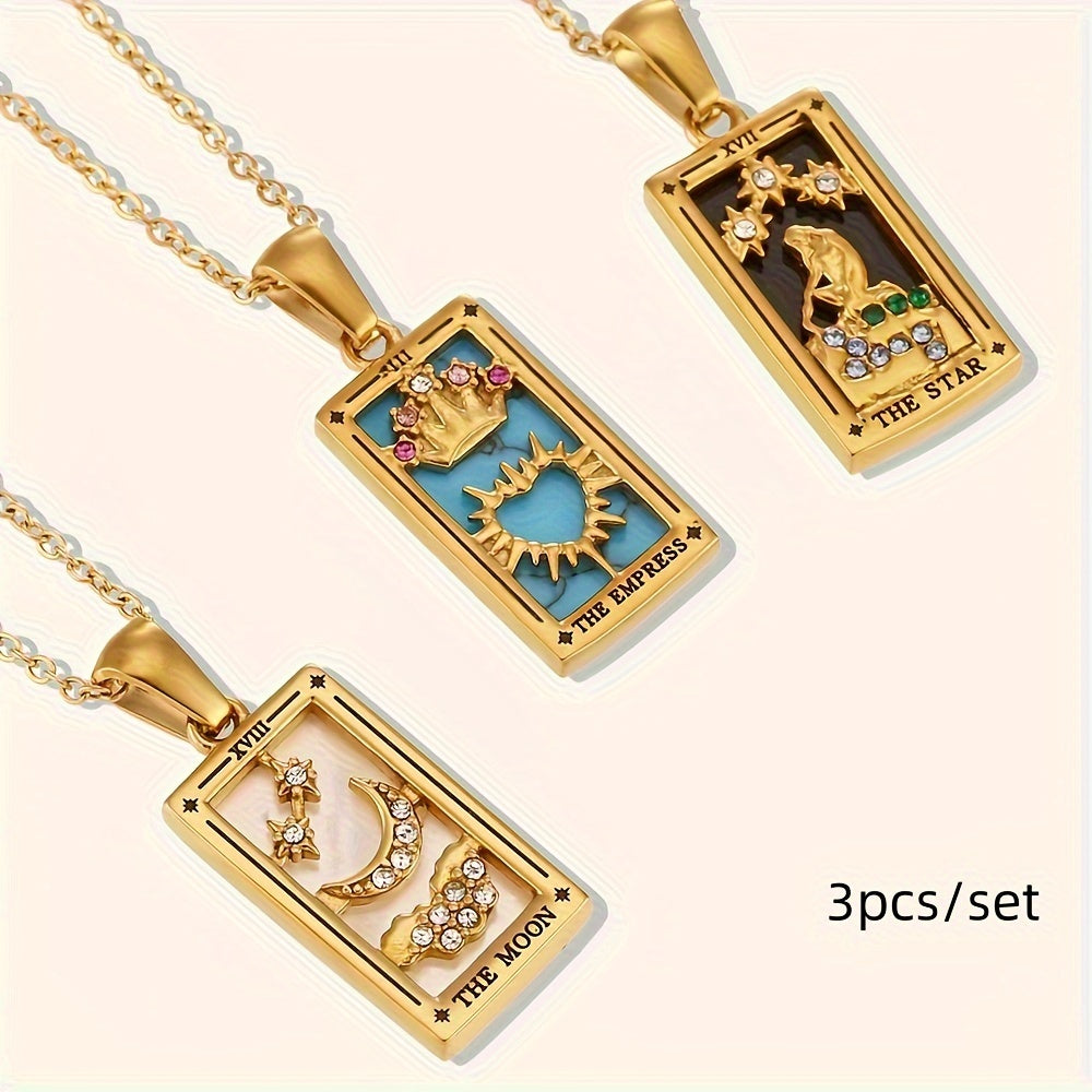 3 Sets of Rectangular Dripping Zirconia Tarot Pendant Jewelry Fashion Stainless Steel Plated Golden Necklace for Women and Men's Gifts Preferred