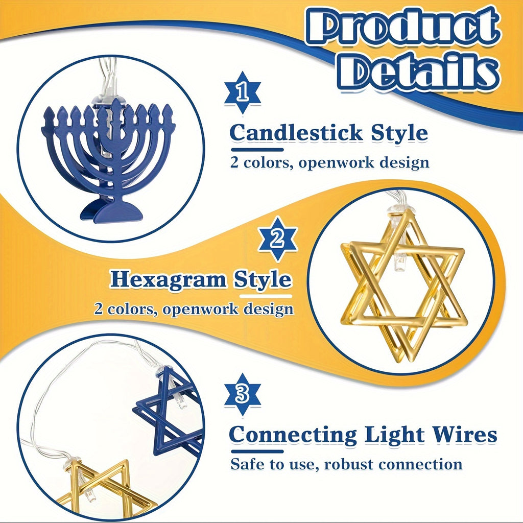 Hanukkah String Lights, LED Nine-Candlestick Menorah with 3m 20-Light Battery-Free Design, Jewish Metal Hanukkah Decor for Room, Bedroom & Living Room, Hanukkah Gift