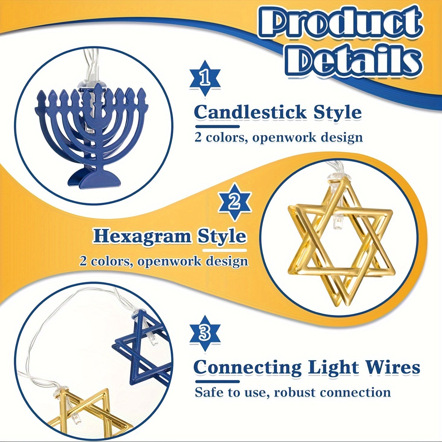 Hanukkah String Lights, LED Nine-Candlestick Menorah with 3m 20-Light Battery-Free Design, Jewish Metal Hanukkah Decor for Room, Bedroom & Living Room, Hanukkah Gift