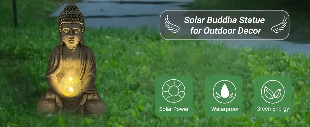 1pc Solar-Powered Buddha Statue with LED Light, Resin Garden Sculpture, Outdoor Balcony Yard Decor, Rustic Artistic Buddhism Figurine, Automatic Illumination At Dusk, for Yard Lawn Home Decor, Housewarming Gift,  Level IP44