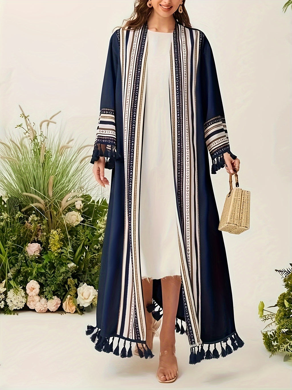 [Open Front Tribal Kaftan Cover] Tribal Pattern Open Front Kaftan Cover Up, Elegant Tassel Hem Long Sleeve Maxi Length Muslim Cover Up, Women's Clothing