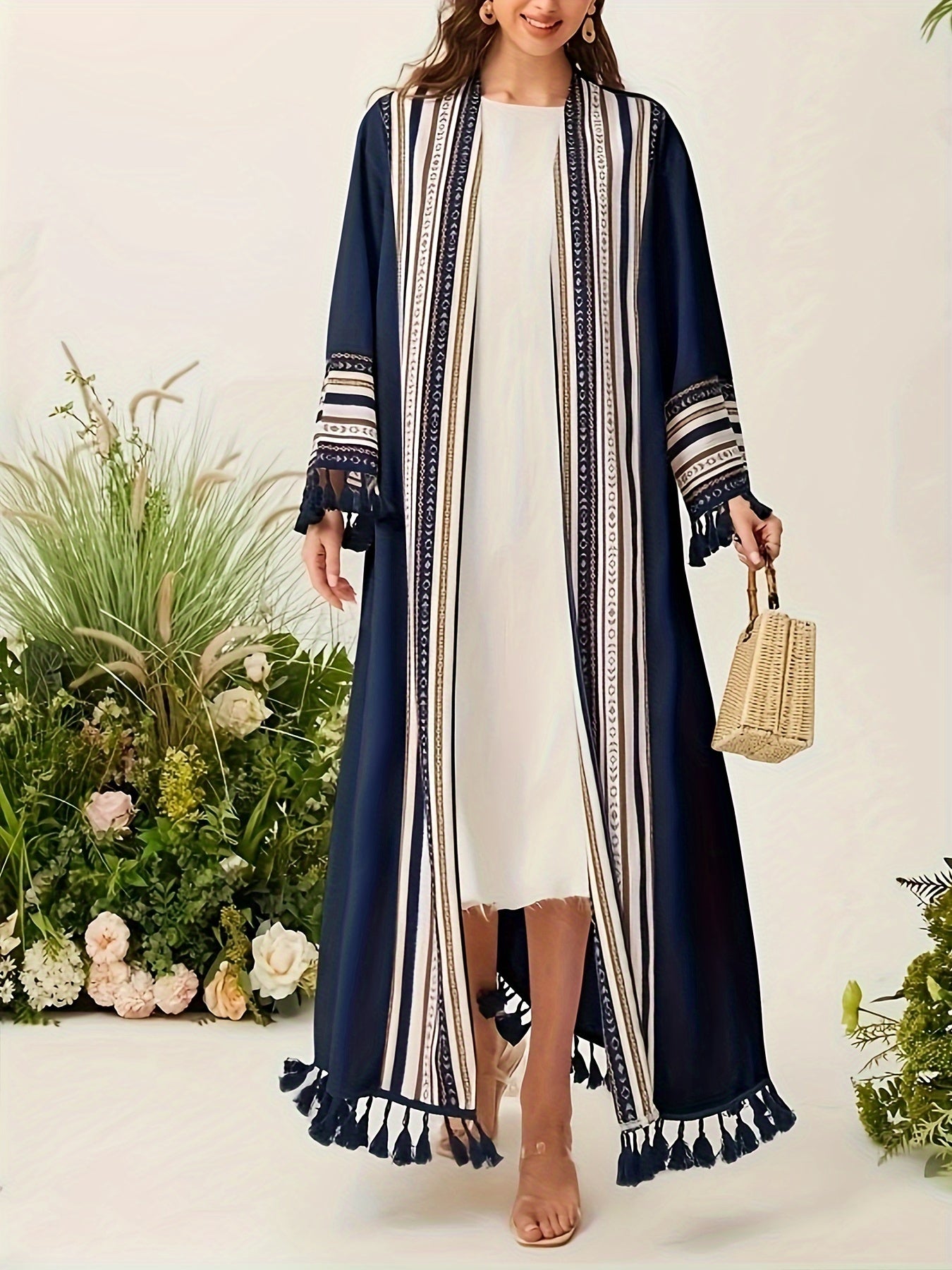[Open Front Tribal Kaftan Cover] Tribal Pattern Open Front Kaftan Cover Up, Elegant Tassel Hem Long Sleeve Maxi Length Muslim Cover Up, Women's Clothing