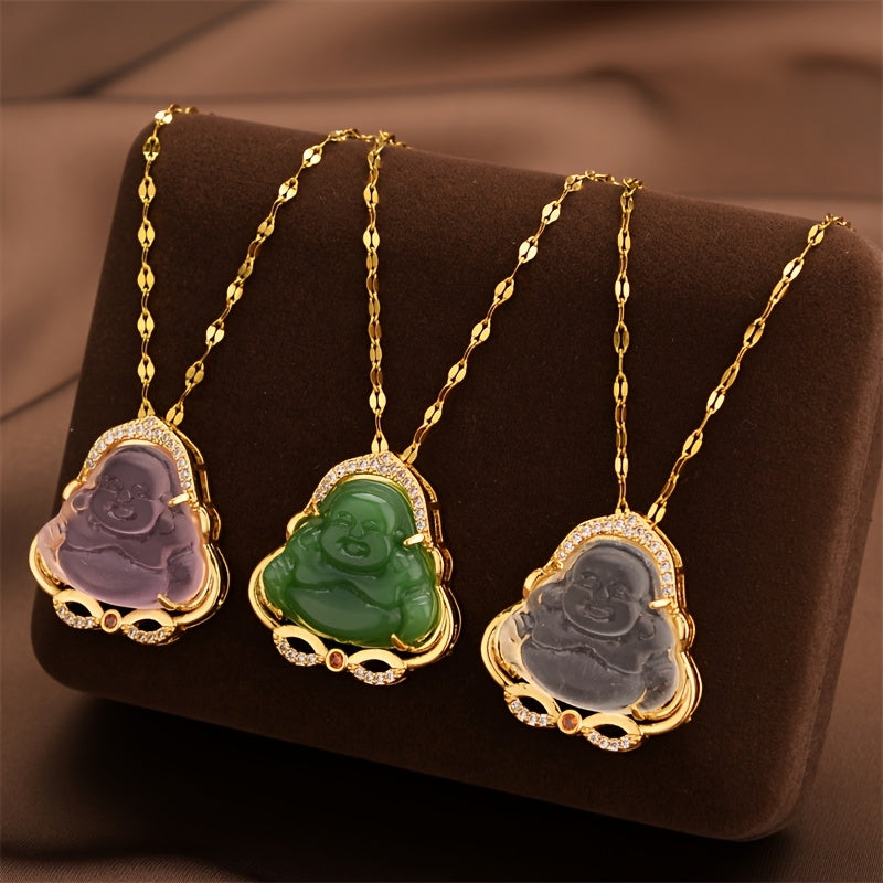 1pc Vintage Chinese Style Titanium Steel Buddha Pendant Necklace with Synthetic Imitation Jade, Lucky Charm Jewelry for Daily Wear & Gift-Giving, Valentine's Day Suitable, Buddha Necklaces