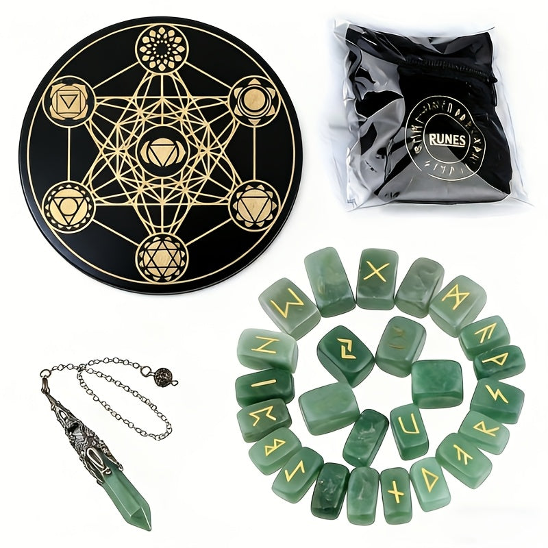 A Nordic Rune Set Featuring Crystal Rune Stones, Including 25 Rune Stones, a Pendant, And a Carved Wooden Board. Elegant And Exquisite