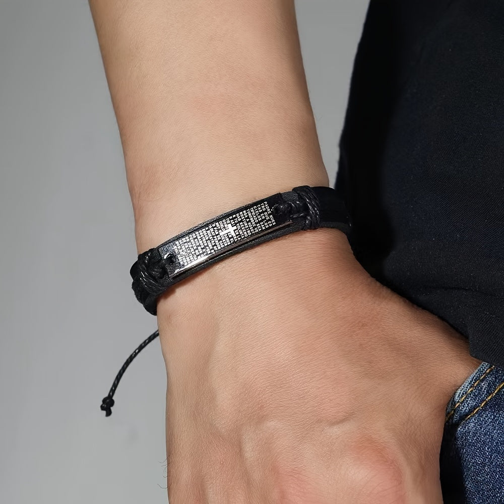 Cross Charm PU Leather Bracelets for Men, Adjustable Handmade Braided Wristband Set with Stainless Steel Plate, Religious Christian Jewelry - 1 Piece Set