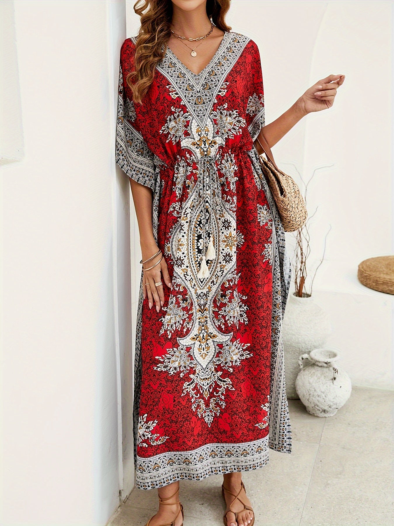 Women's Middle Eastern Muslim Abaya, Loose V-Neck Beach Bohemian Party Dress