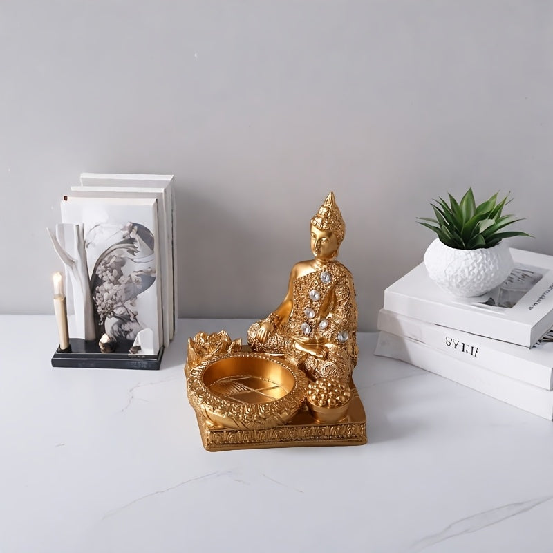 1pc Elegant Golden Buddha Incense Burner with Diamond Accents - Resin, Square Base, for Lotus Design for Living Room & Entryway Decor, Indoor Use, No Electricity Required, Zen Home Decor