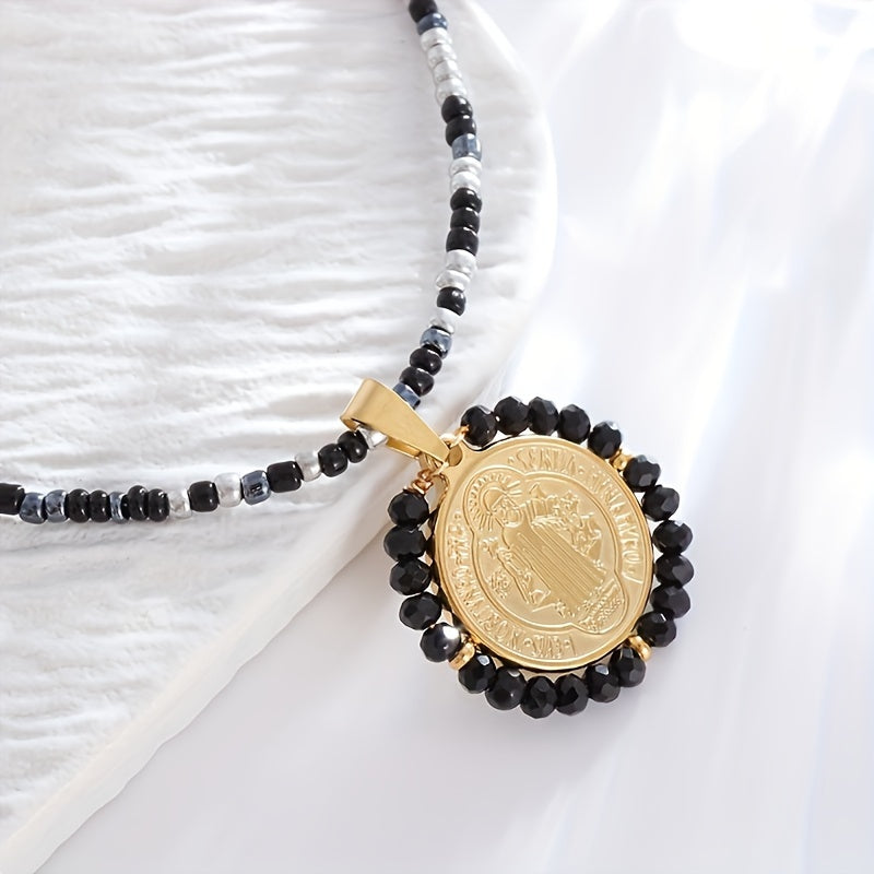 4pcs/set Christian Saint Benedict Pendant Women Girls Boho Style Beaded Rainbow Bead Necklace Saint St. Benedict Cross Amulet Jewelry