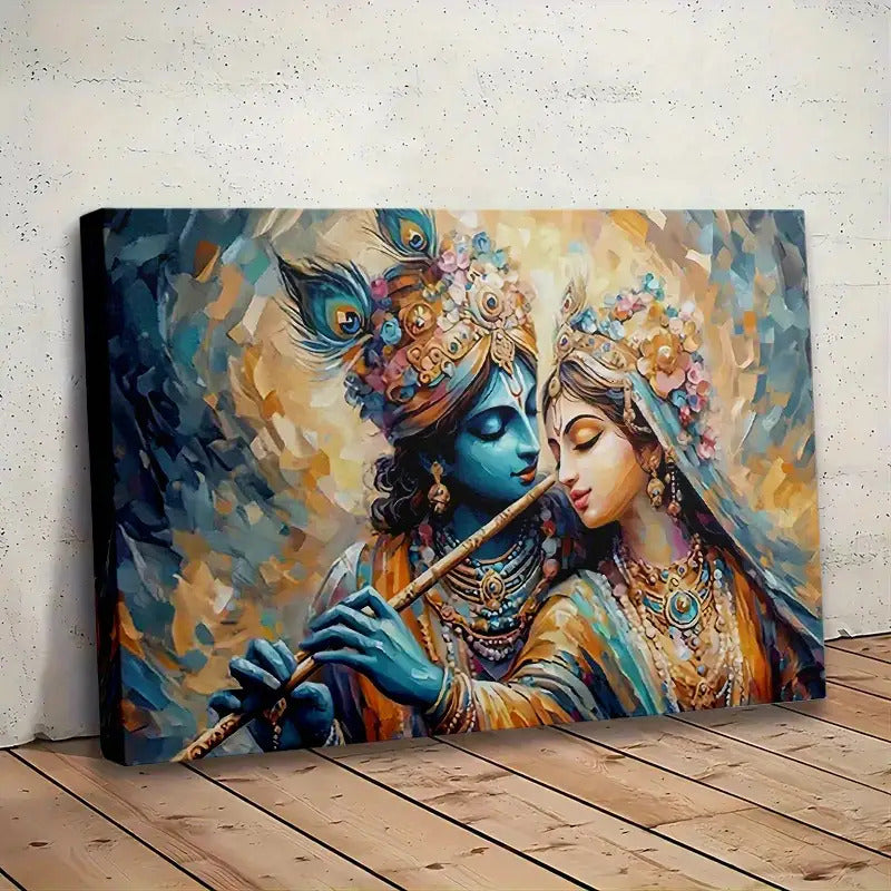 1pc Hindu Radha Krishna Canvas Painting - Divine Love Couple Art with Blue & Golden Indian Wedding Decor - Wooden Framed Canvas Print for Home, Temple, Office - Spiritual Hindu Wall Art Gift, Hindu Wall Art, Home Decoration,