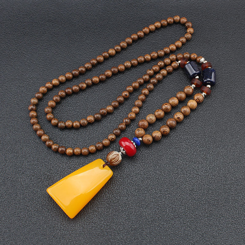 Bohemian Ethnic Wooden Buddha Bead Necklace for Men & Women - Natural Wood & Water Buffalo Turquoise Beads, Handcrafted Retro Unisex Jewelry for Daily Wear, Vacations, Unique Gift Idea