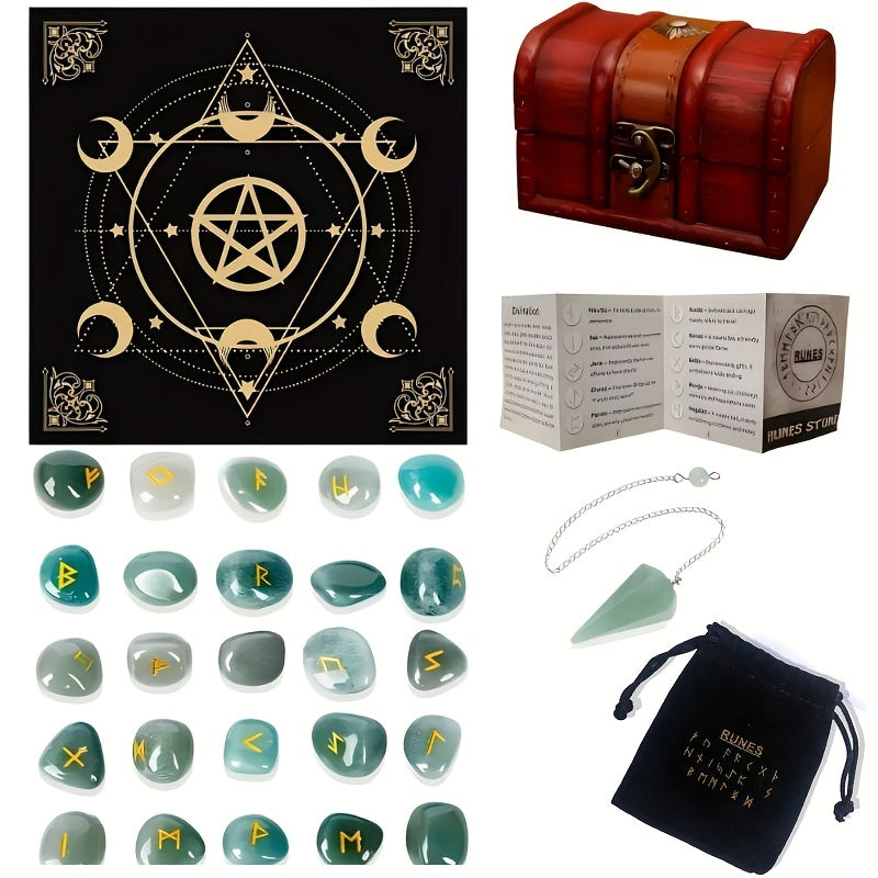 A Set of Crystal Agate Runes Featuring Viking Designs, with Intricately Carved Letters. This Collection Includes 25pcs of Futhark Rune Stones Made from Polished Gems