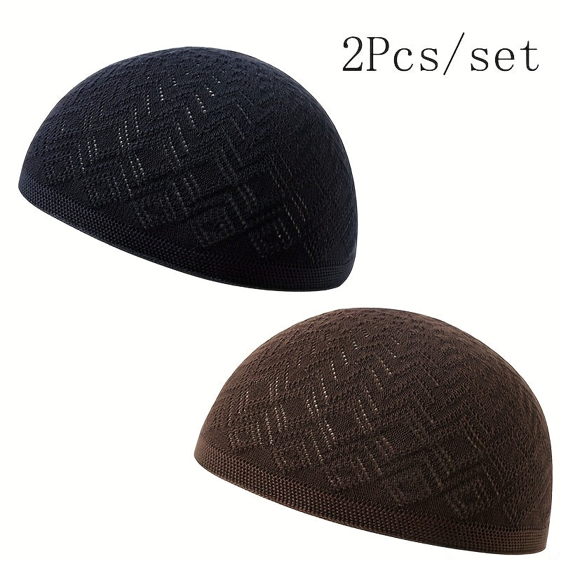 2pcs/Set Men'S Muslim Kufi Cap, Breathable Knitted Polyester Prayer Hat, Lightweight Middle Eastern Arab Traditional Headwear, Adjustable Toggle Closure, Machine Washable, Ramadan Celebration