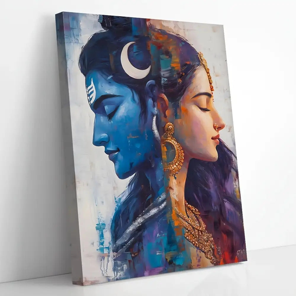 1pc Shiva & Shakti Hindu Gods Wall Art - 11.8x15.7 Inch (30x40cm) Indian Goddess Parvati & Shiva on Canvas with Wood Frame, Spiritual Diwali Decor, Ready-to-Hang Cultural for Living Room, Bedroom, Office - Hindu Deity, 2D Fla