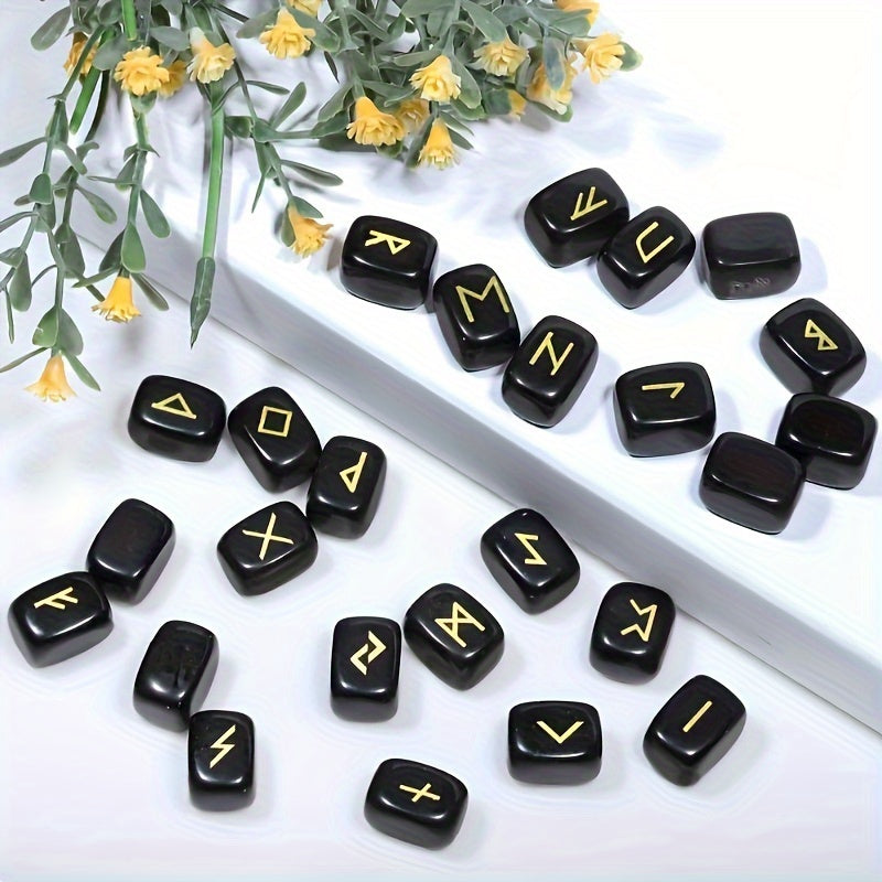 A Nordic Rune Set Featuring Crystal Rune Stones, Including 25 Rune Stones, a Pendant, And a Carved Wooden Board. Elegant And Exquisite