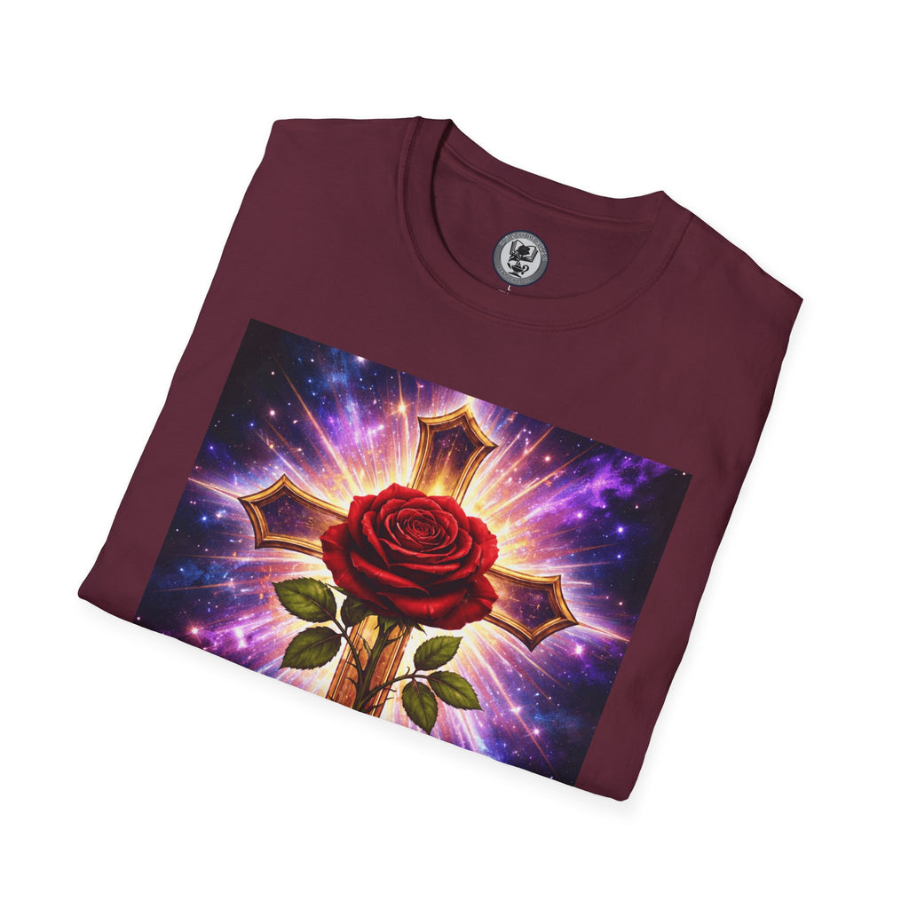 Cosmic Rose Cross T-Shirt — Rosicrucian Spiritual Floral Cross Graphic Tee