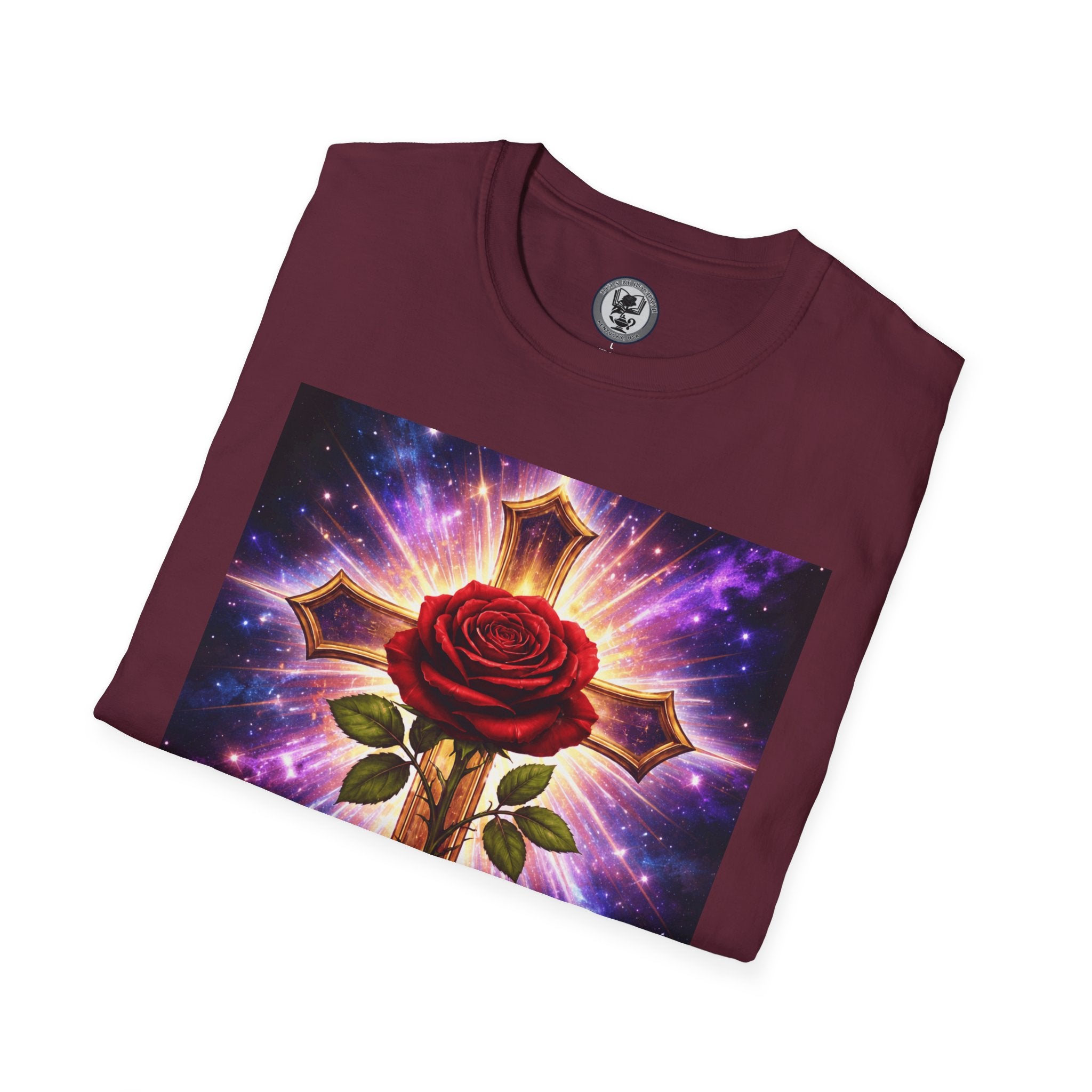 Cosmic Rose Cross T-Shirt — Rosicrucian Spiritual Floral Cross Graphic Tee