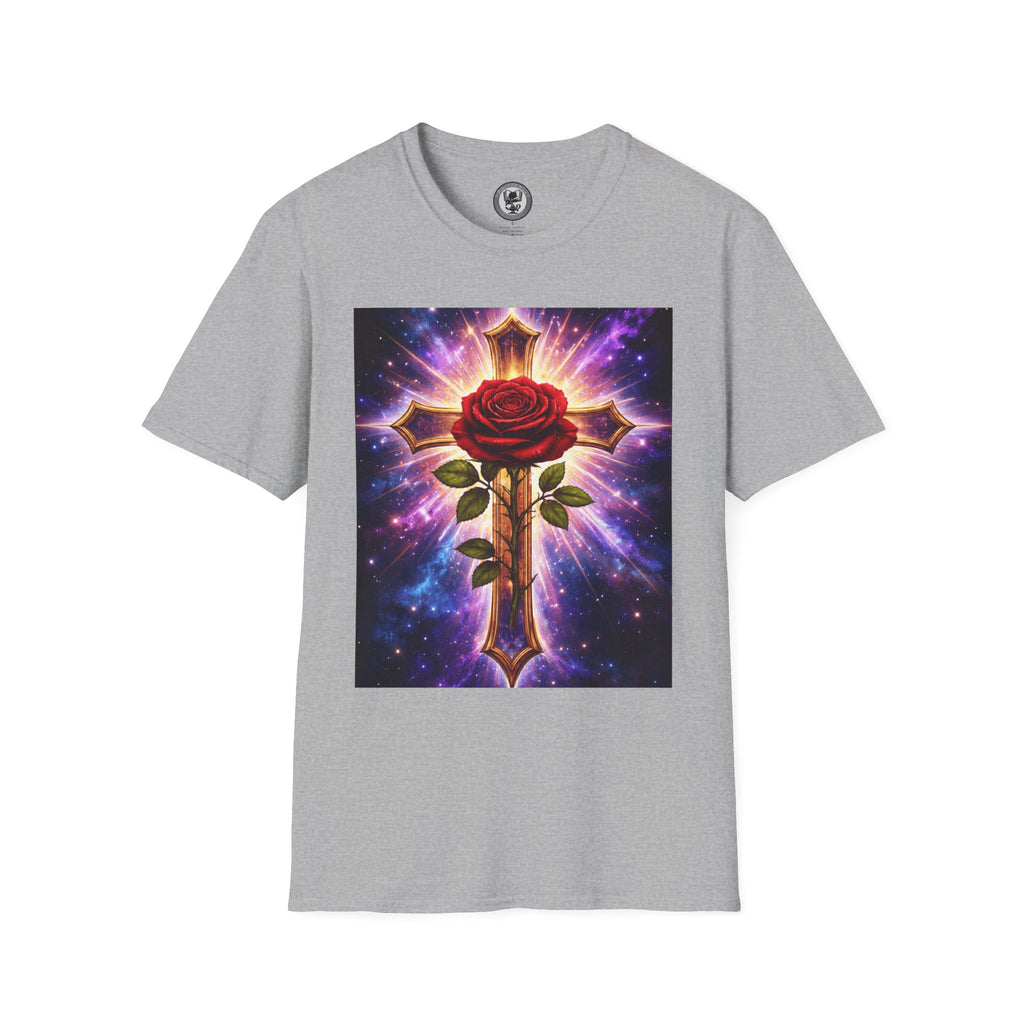 Cosmic Rose Cross T-Shirt — Rosicrucian Spiritual Floral Cross Graphic Tee