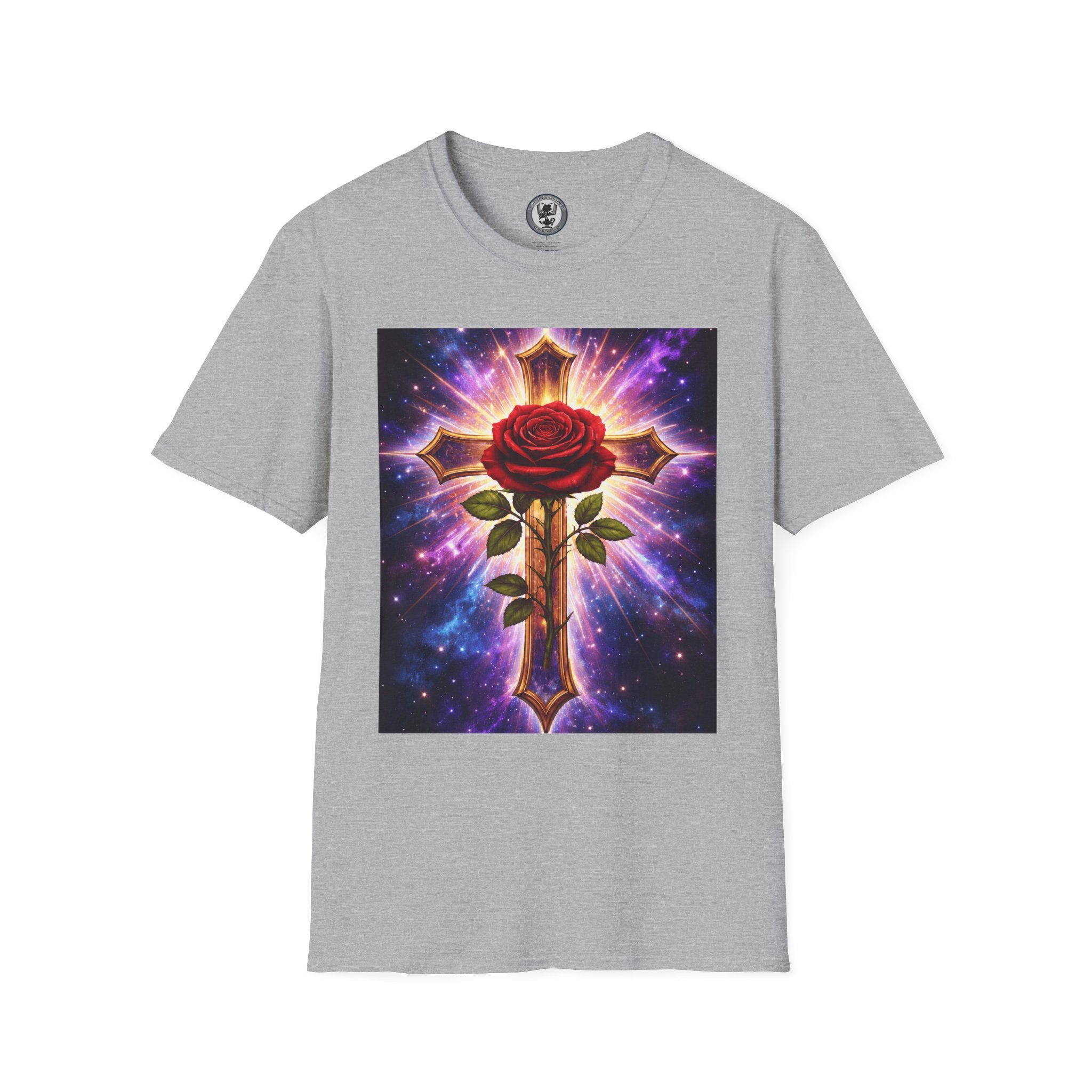 Cosmic Rose Cross T-Shirt — Rosicrucian Spiritual Floral Cross Graphic Tee