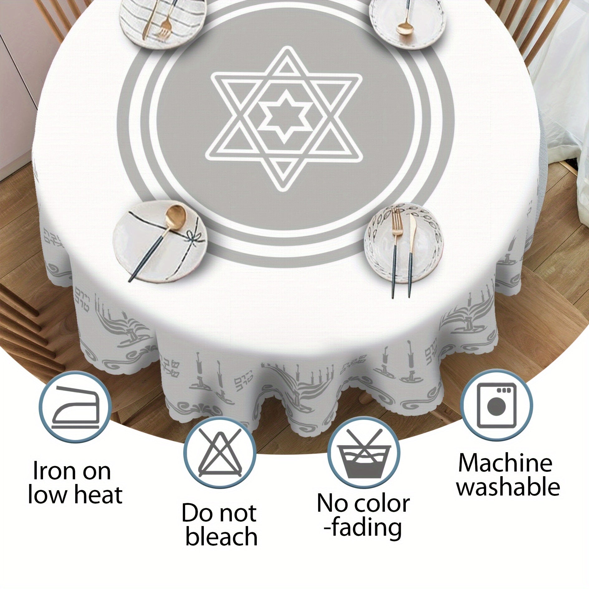 Silvery Hanukkah Tablecloth, Elegant White And Round Large Rectangle Size with Menorah Design for Passover, Shabbat Shalom And Jewish Festivals, Ideal for Indoor/ Outdoor Hanukkah Parties & Home Decorations