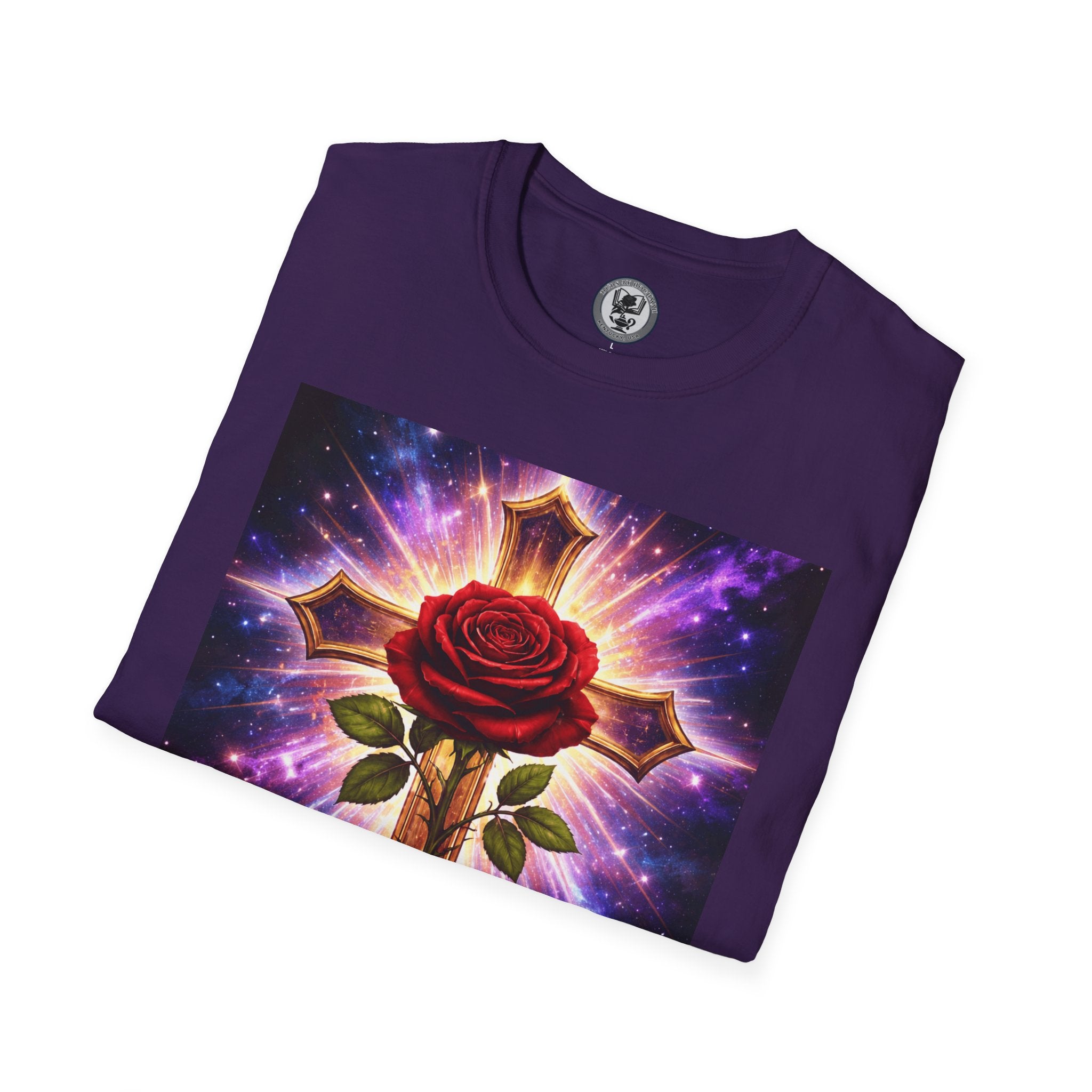 Cosmic Rose Cross T-Shirt — Rosicrucian Spiritual Floral Cross Graphic Tee