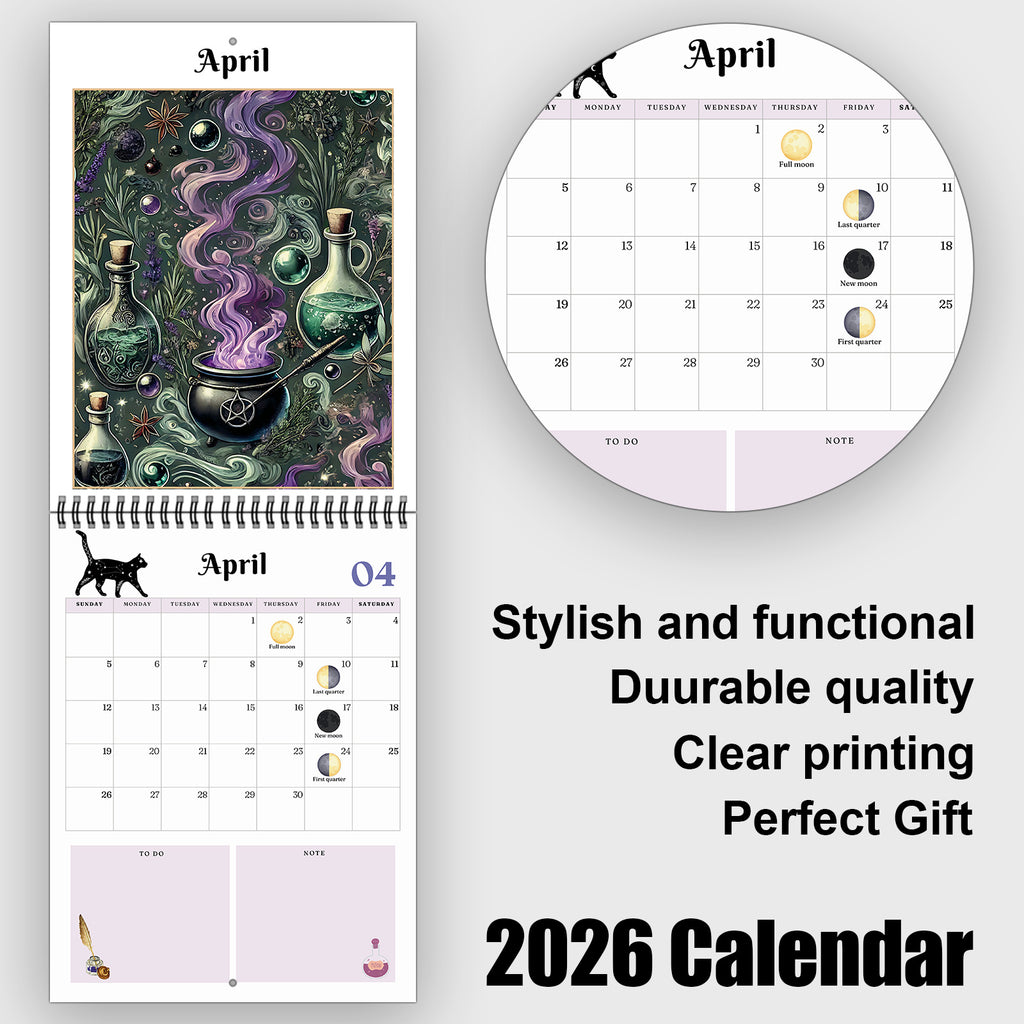 2026 Witch Calendar Spiral Wall Planner with Spell Symbols & Full Moon Calendar - Writable Monthly Layouts, Mystical Journal & Planner for Wiccan Women, Spiritual Gift