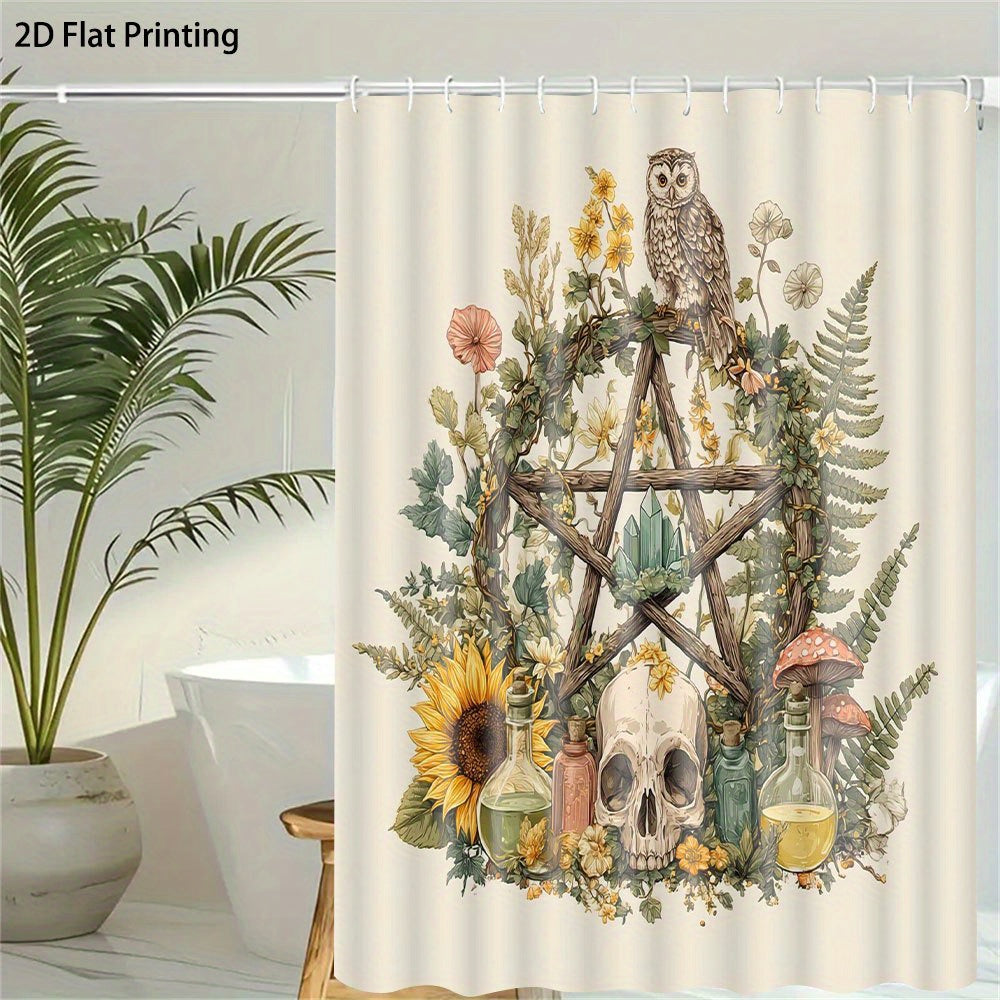1pc Wiccan Shower Curtain - Occult Botanical Bathroom Decor with Pentagram, Mystical Floral Design in Beige/Brown/, Durable Polyester Fabric & 12 Hooks for Witchy Bathroom Aesthetic - Gothic Witchcraft Decoration, Bathroom De