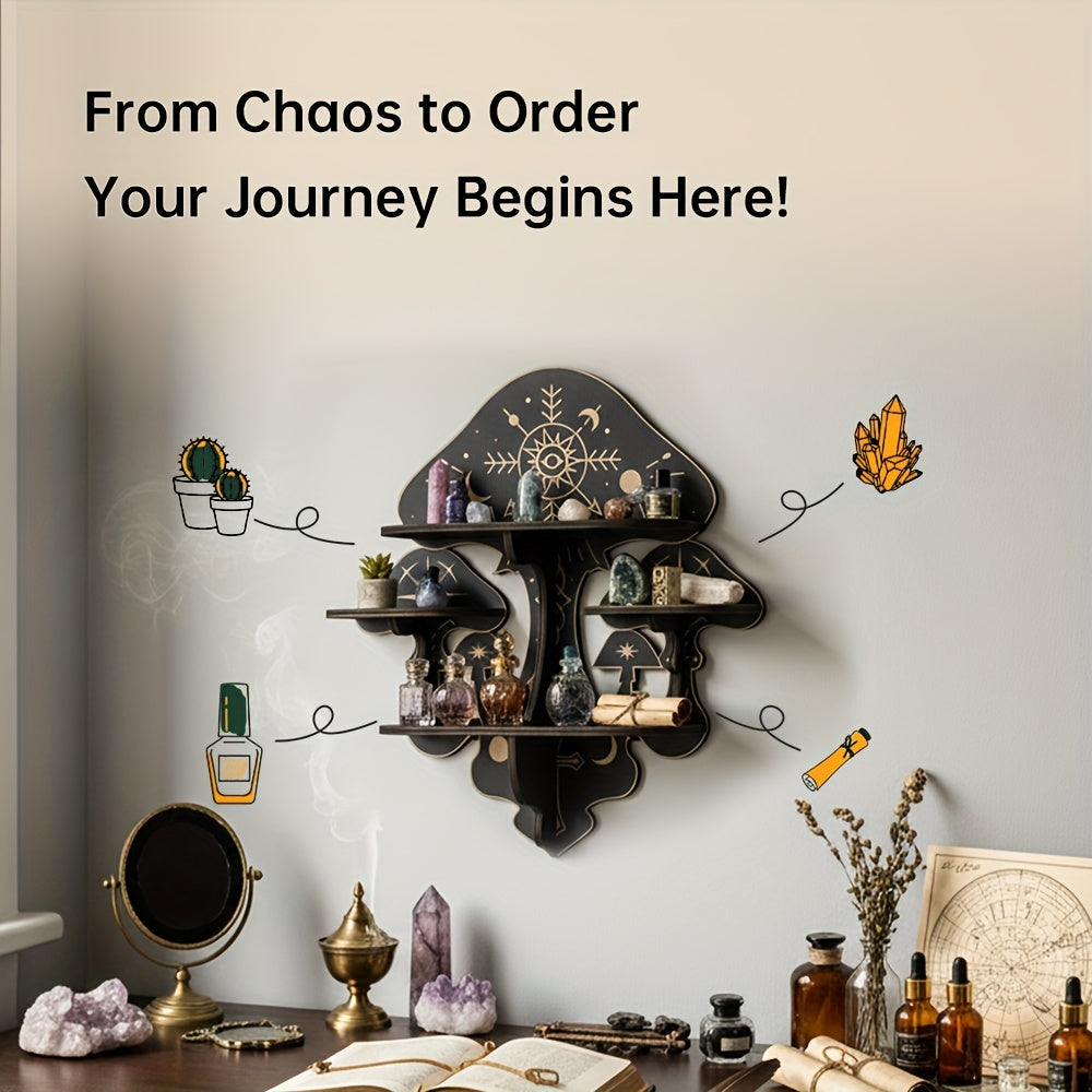 Wooden Mushroom Floating Shelves, Crystal Display Shelf for Wall, Wiccan Incantation Mushroom Wall Decor,  Gem Stone Storage Organizer, Essential Oil Holder Hanging Case, Meditation Art Spiritual Gift