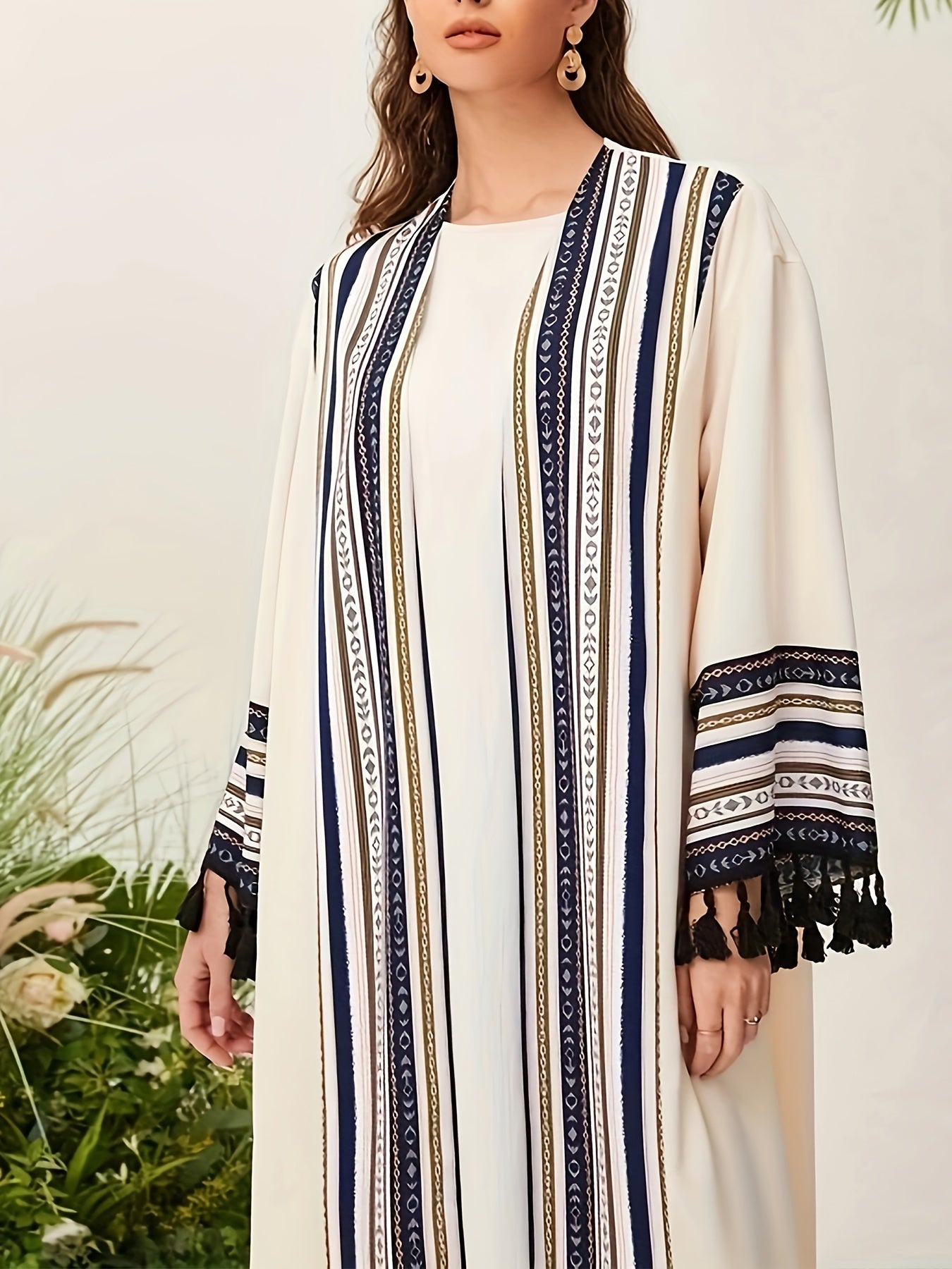 [Open Front Tribal Kaftan Cover] Tribal Pattern Open Front Kaftan Cover Up, Elegant Tassel Hem Long Sleeve Maxi Length Muslim Cover Up, Women's Clothing