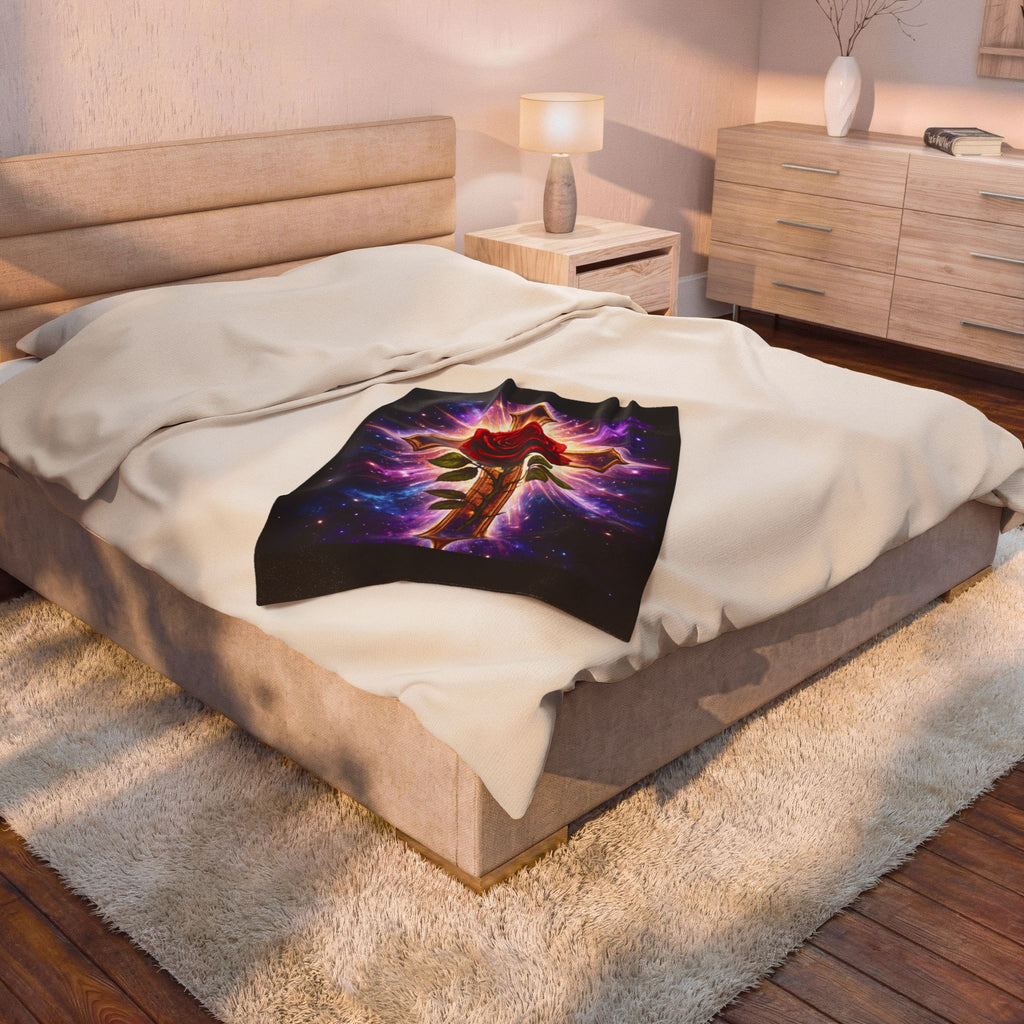 Velveteen Plush Blanket — Cosmic Rose & Cross Rosicrucian Spiritual Throw (Sacred Christian Decor)
