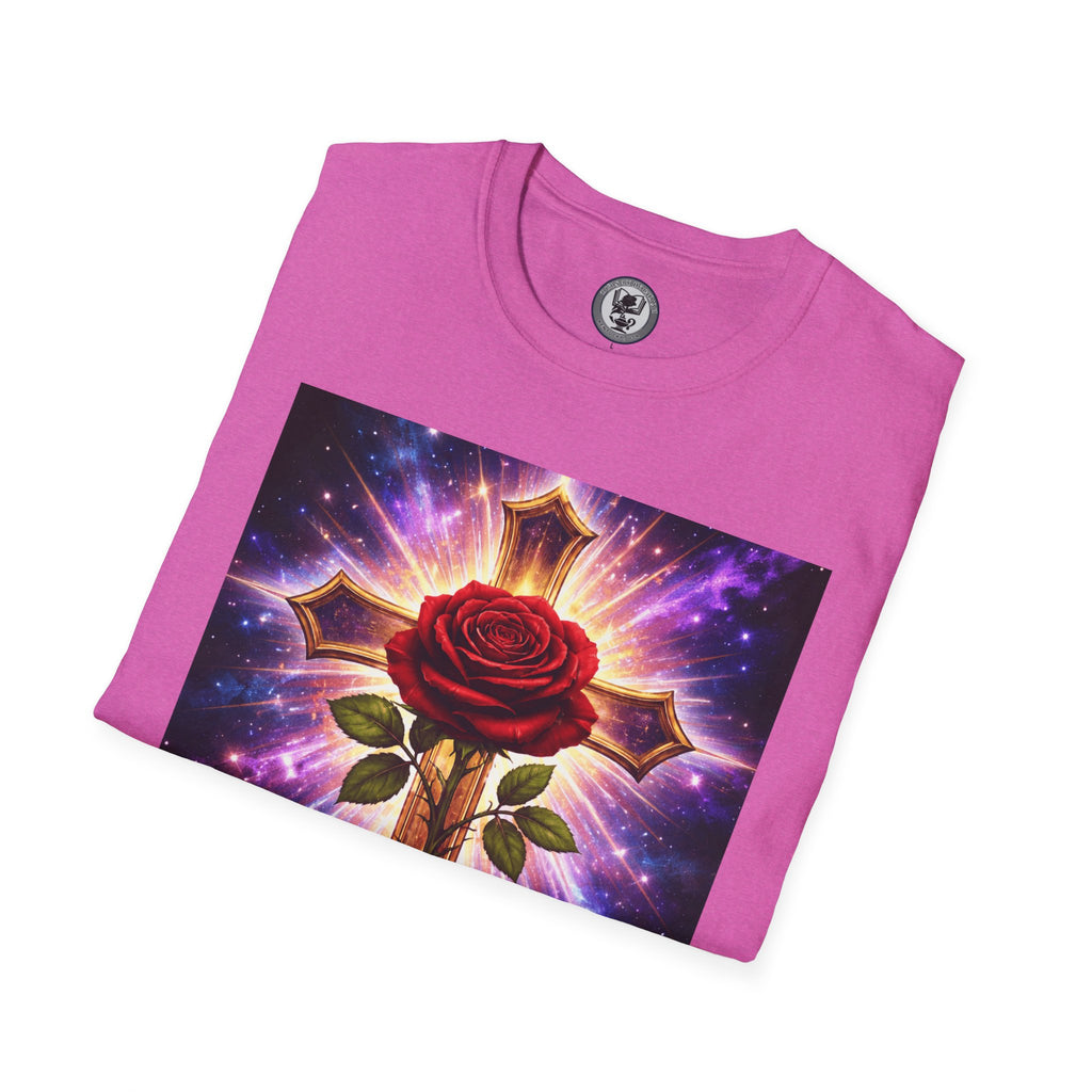 Cosmic Rose Cross T-Shirt — Rosicrucian Spiritual Floral Cross Graphic Tee