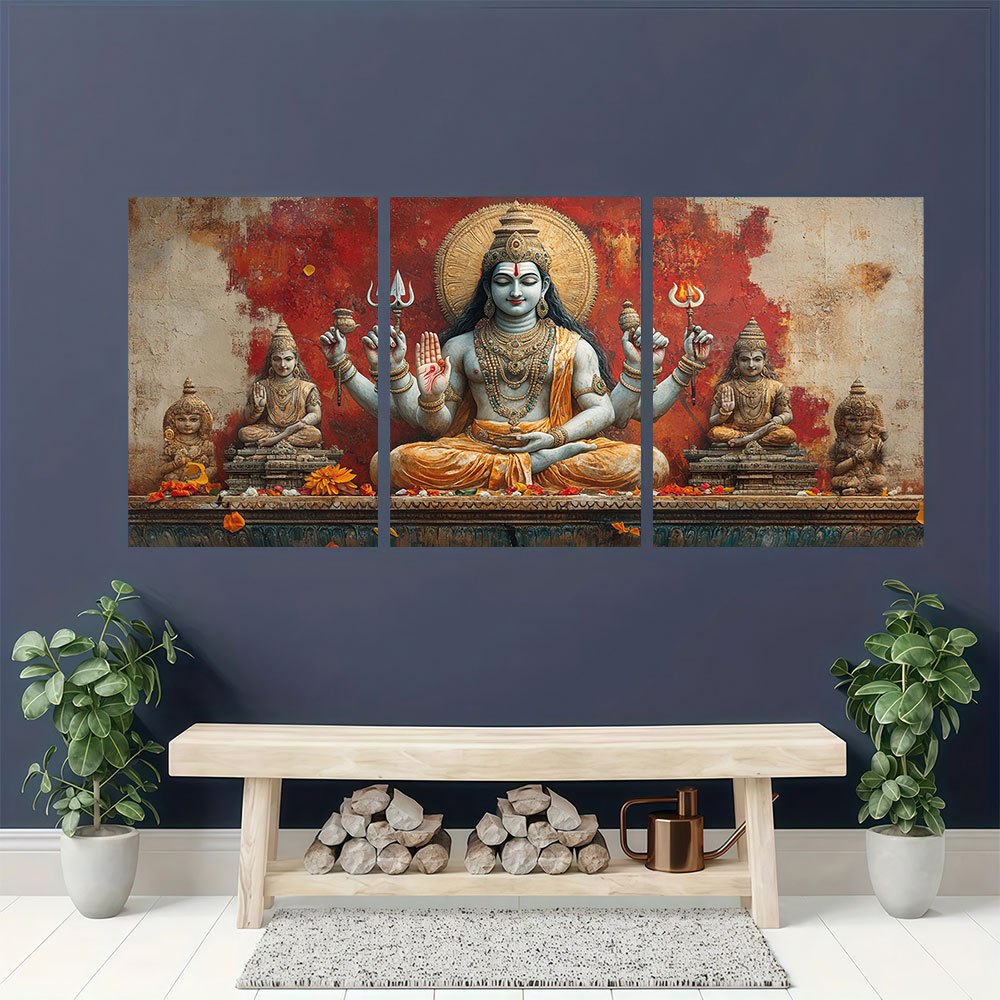 [2D Flat] A Set of Three Decorative Paintings Featuring Hindu Deities, Framed in Wood, with a Vibrant Red Backdrop Showcasing, Vishnu, And Brahma. This Modern Aesthetic Artwork Measures 15.7X23.6 inch And Is Perfect for Enhan