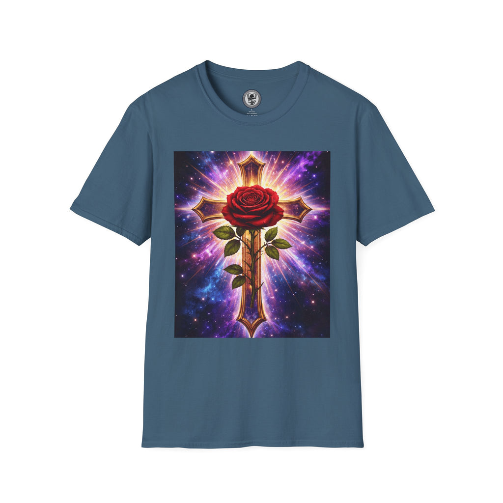 Cosmic Rose Cross T-Shirt — Rosicrucian Spiritual Floral Cross Graphic Tee