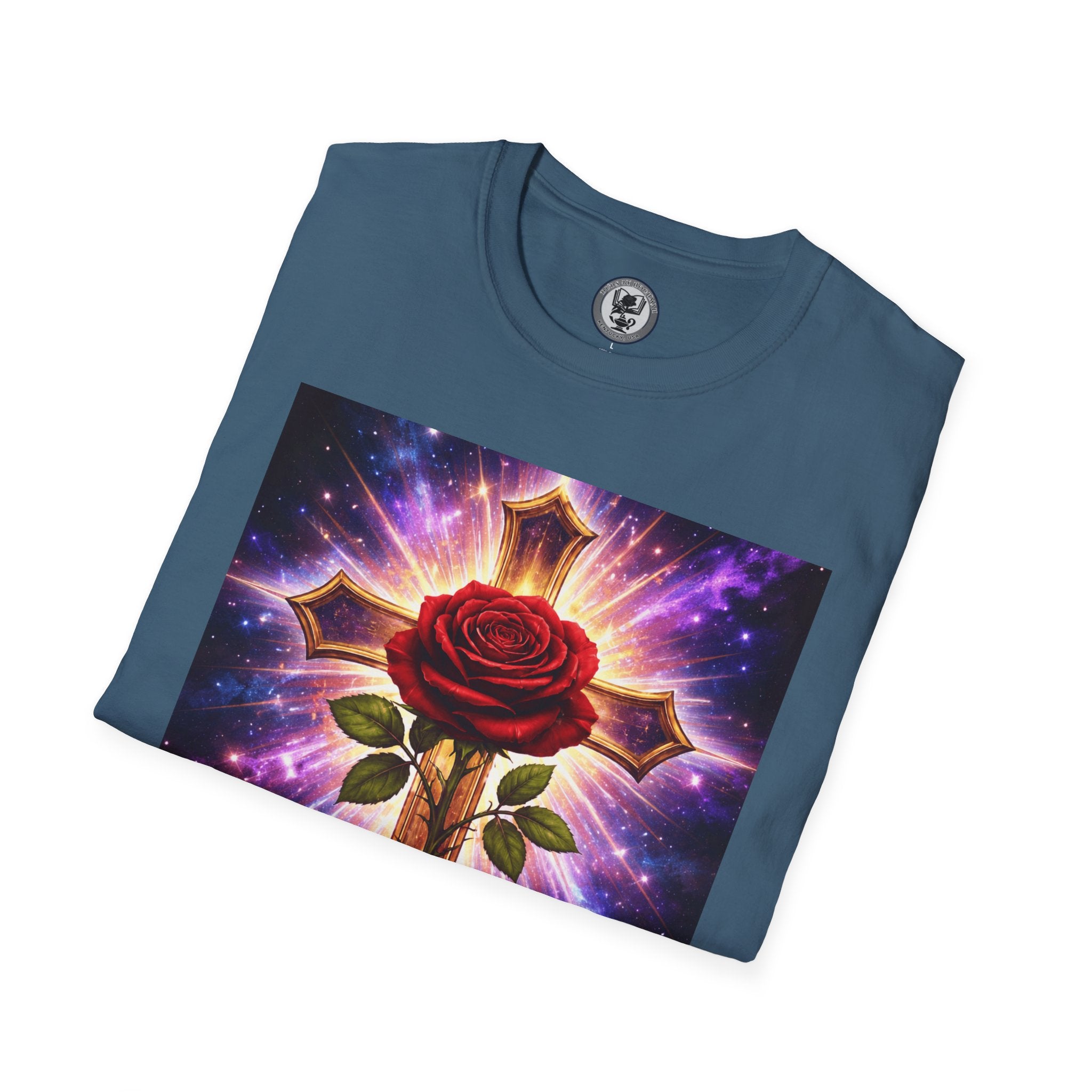 Cosmic Rose Cross T-Shirt — Rosicrucian Spiritual Floral Cross Graphic Tee