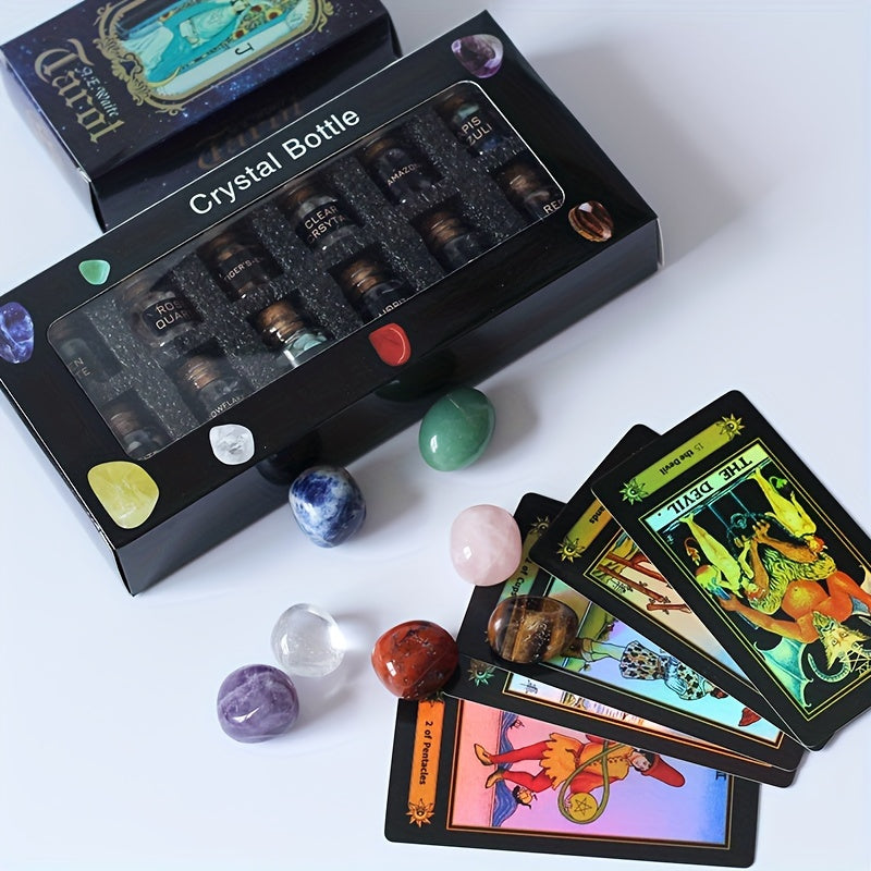 1set 78 Tarot Cards with Guide Book, Black Tarot Deck Gift Set with Tarot Cloth, Chakra Stones and More, Tarot Cards Deck Fortune Telling Game Craft Cardboard for Beginners and Expert Readers