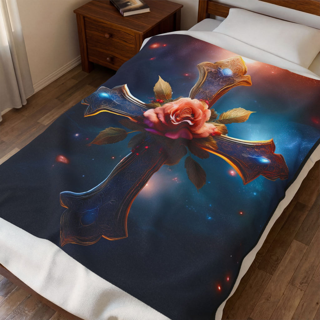 Mystic Rose and Cross Velveteen Plush Blanket