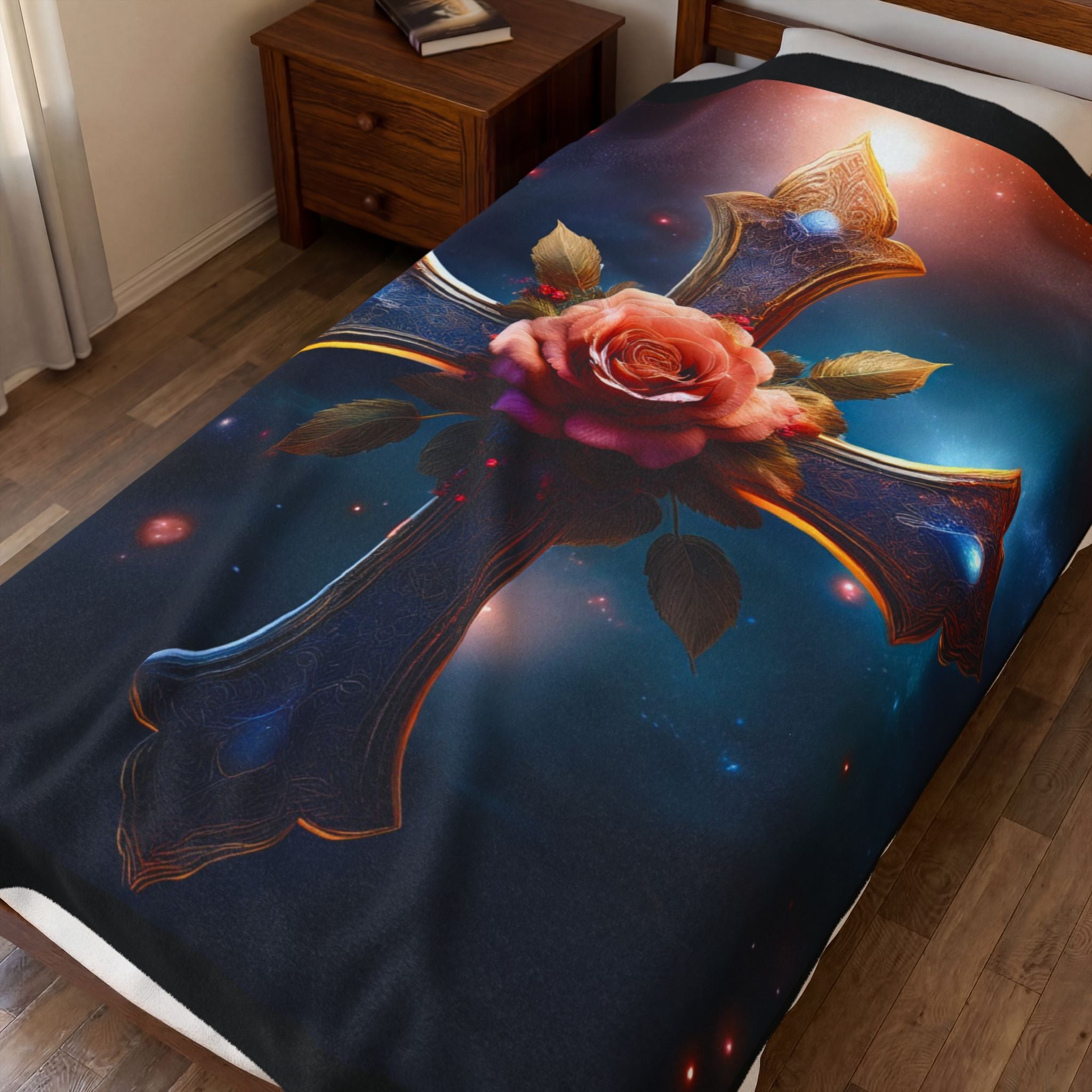 Mystic Rose and Cross Velveteen Plush Blanket