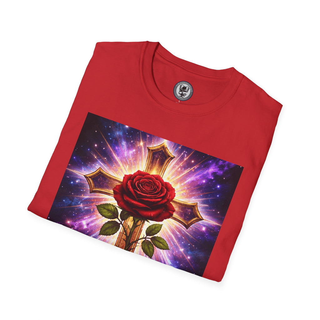 Cosmic Rose Cross T-Shirt — Rosicrucian Spiritual Floral Cross Graphic Tee