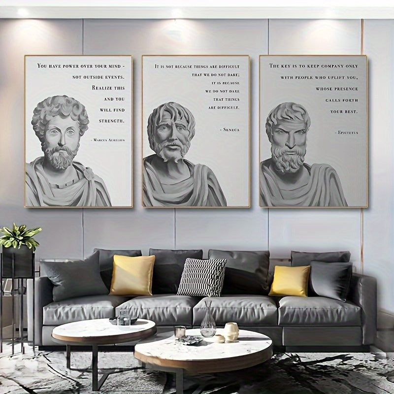 Stoic Philosophy Quotes Canvas Wall Art - 3 Piece Inspirational Seneca, Marcus Aurelius, Epictetus Poster Set - Frameless Portrait Canvas Prints for Living Room and Bedroom Decor - Indoor Portrait Orientation, 15.7x23.6 inche