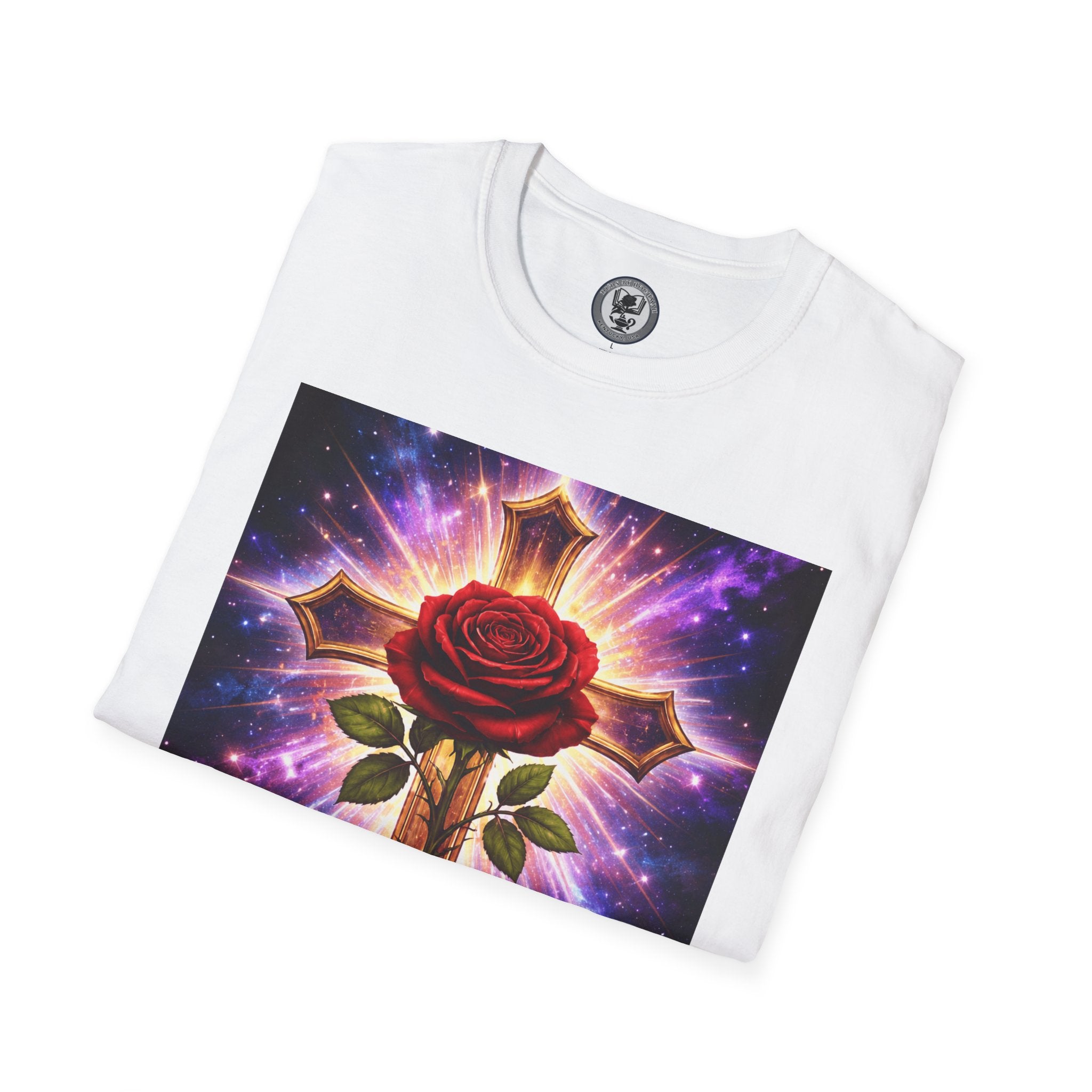 Cosmic Rose Cross T-Shirt — Rosicrucian Spiritual Floral Cross Graphic Tee