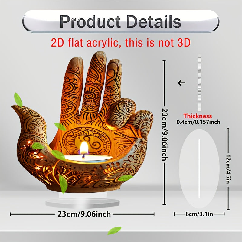 2D Flat A 2D Acrylic Ornament Featuring a Bohemian Style Acrylic Buddha Hand Candle, Measuring 9 Inches by 9 Inches. This Religious-Themed Tabletop Decoration Is Perfect for Home, Office, Or Café Decor, Making It a Wonderful